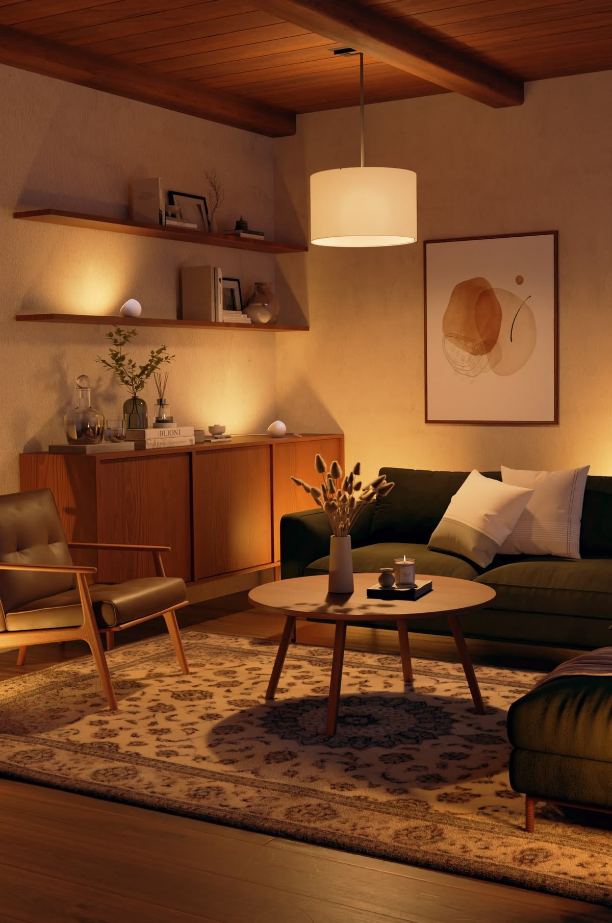 A cozy living room with warm lighting, featuring a green sofa with cushions, a wooden coffee table with a vase and candles, an armchair, a sideboard with decor, wall shelves, and abstract art on the wall.