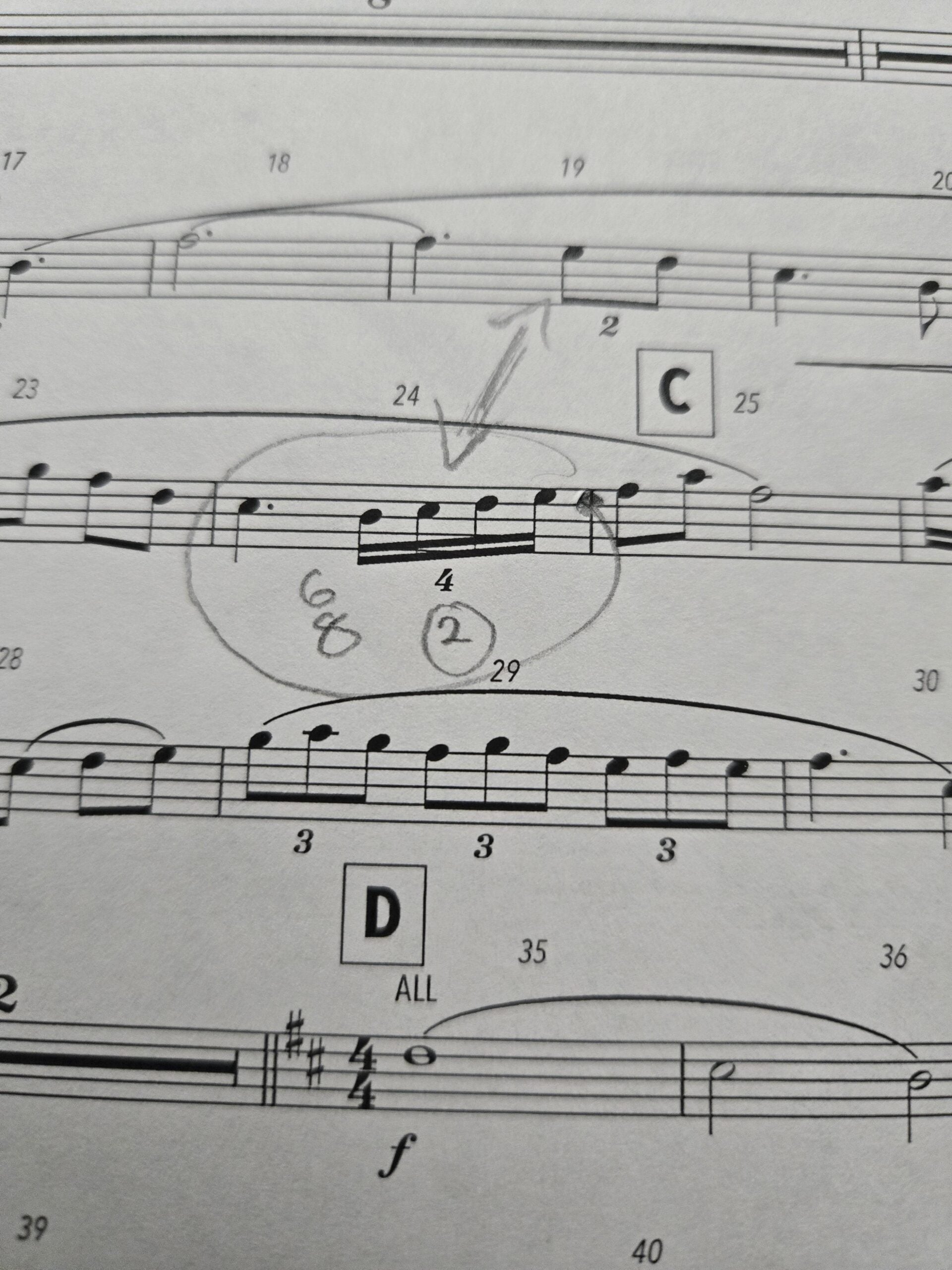 A close-up of sheet music with a section labeled "C". Measure 24 is circled with fingerings "6 8" and "2" written below the notes, and an arrow pointing to the circled area. Section "D" is visible below.