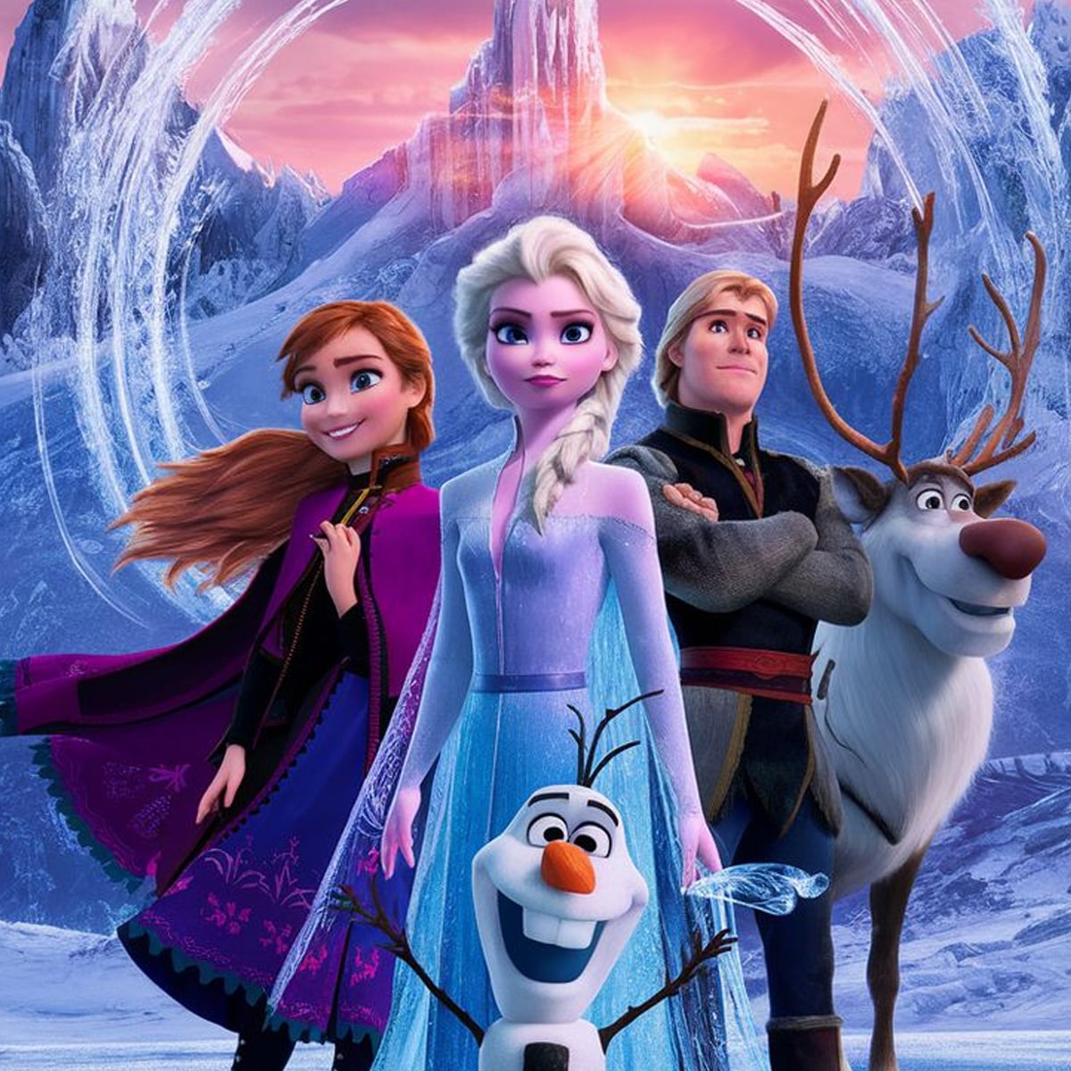 Anna, Elsa, Kristoff, Olaf the snowman, and Sven the reindeer stand together in snowy mountains at sunset, with magical icy patterns in the sky behind them. Characters are from the movie Frozen.