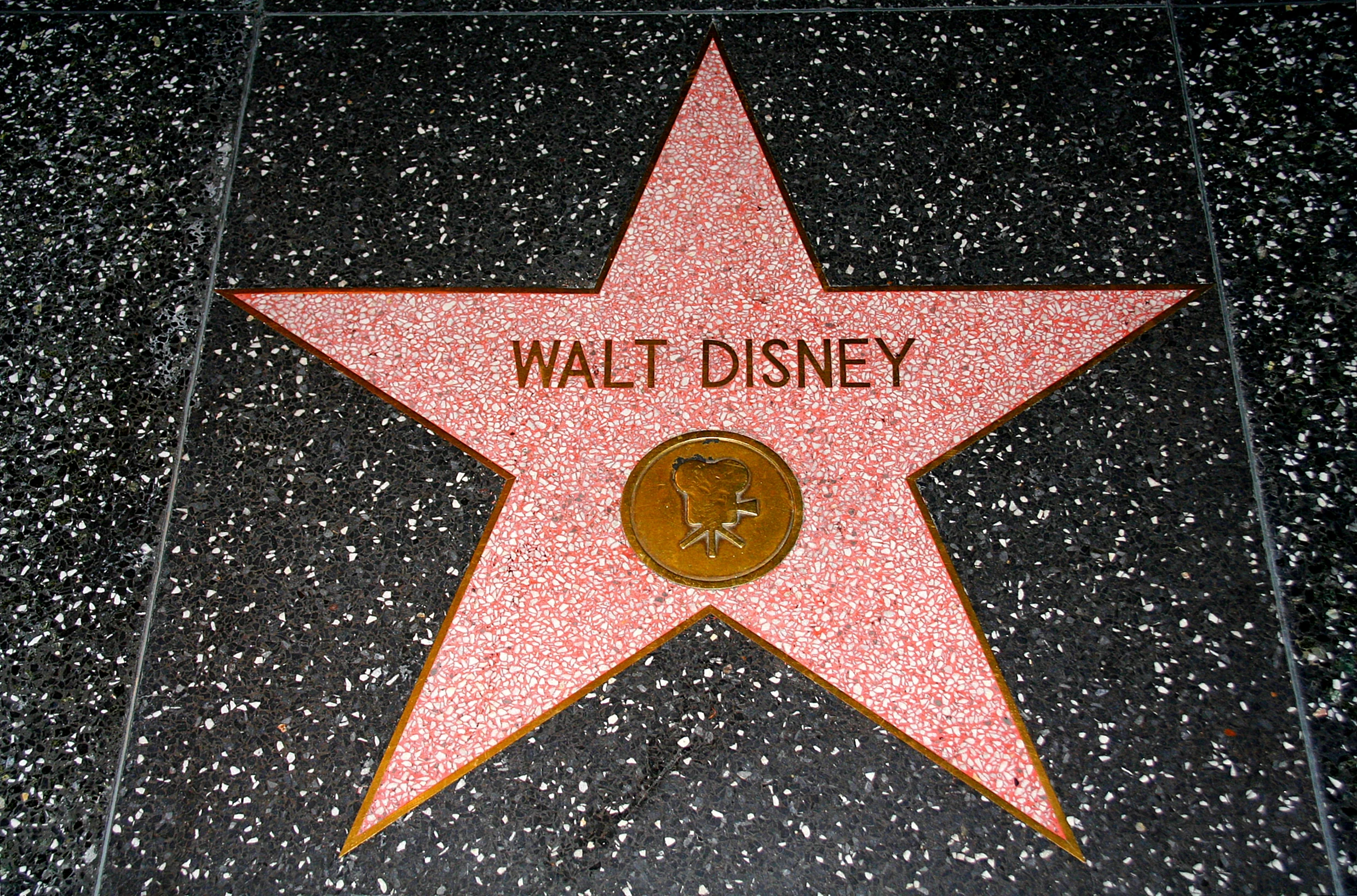A pink star with "WALT DISNEY" and a film camera symbol on the Hollywood Walk of Fame, set in a dark, speckled sidewalk.