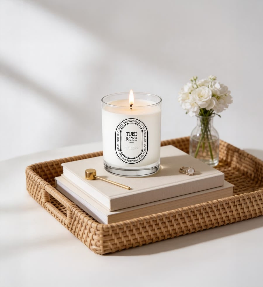 A lit white candle in a glass jar sits on two stacked books in a woven tray, alongside a gold wick trimmer, a ring, and a small vase of white flowers. The scene is bright and minimalist.