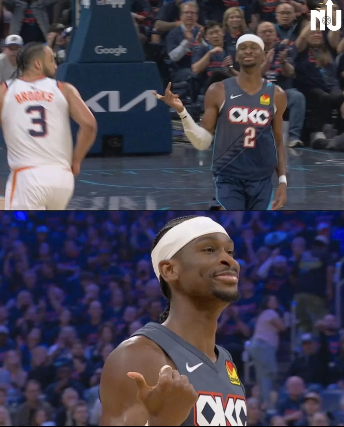 Top: A basketball player in an OKC jersey gestures with his hand while facing another player in a white jersey. Bottom: The same OKC player smiles confidently and gestures toward himself during the game.