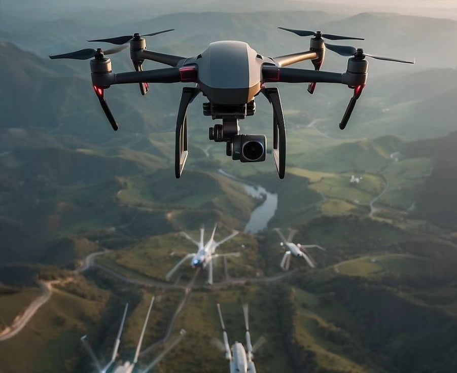 A drone with a mounted camera flies over a scenic landscape of rolling hills, winding roads, and several wind turbines, with more drones visible in the distance under a hazy sky.