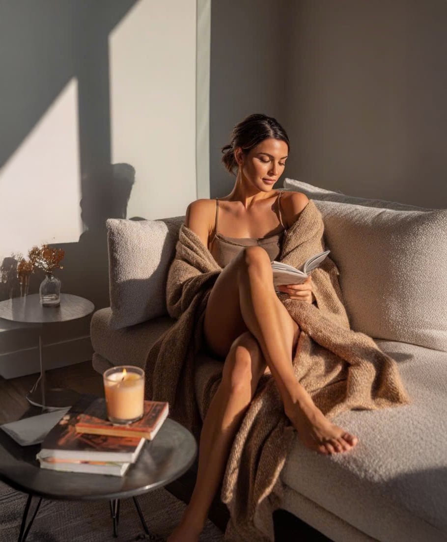 A woman sits on a beige sofa, draped in a cozy brown blanket, reading a book. Sunlight streams in, casting warm shadows. A lit candle, books, and dried flowers are on a side table nearby. The room feels calm and peaceful.