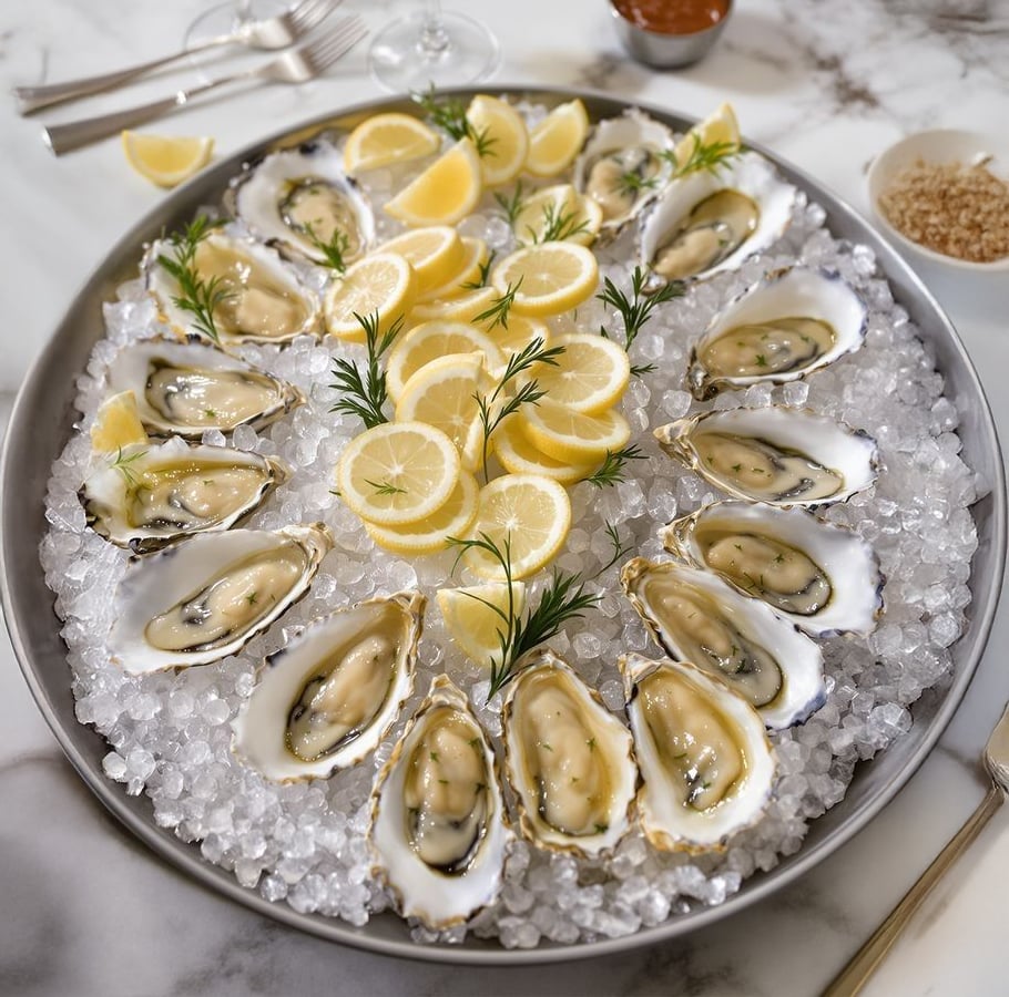 A round platter of fresh oysters on a bed of crushed ice, garnished with lemon slices and herbs, is displayed on a marble table with dipping sauces and small dishes nearby.