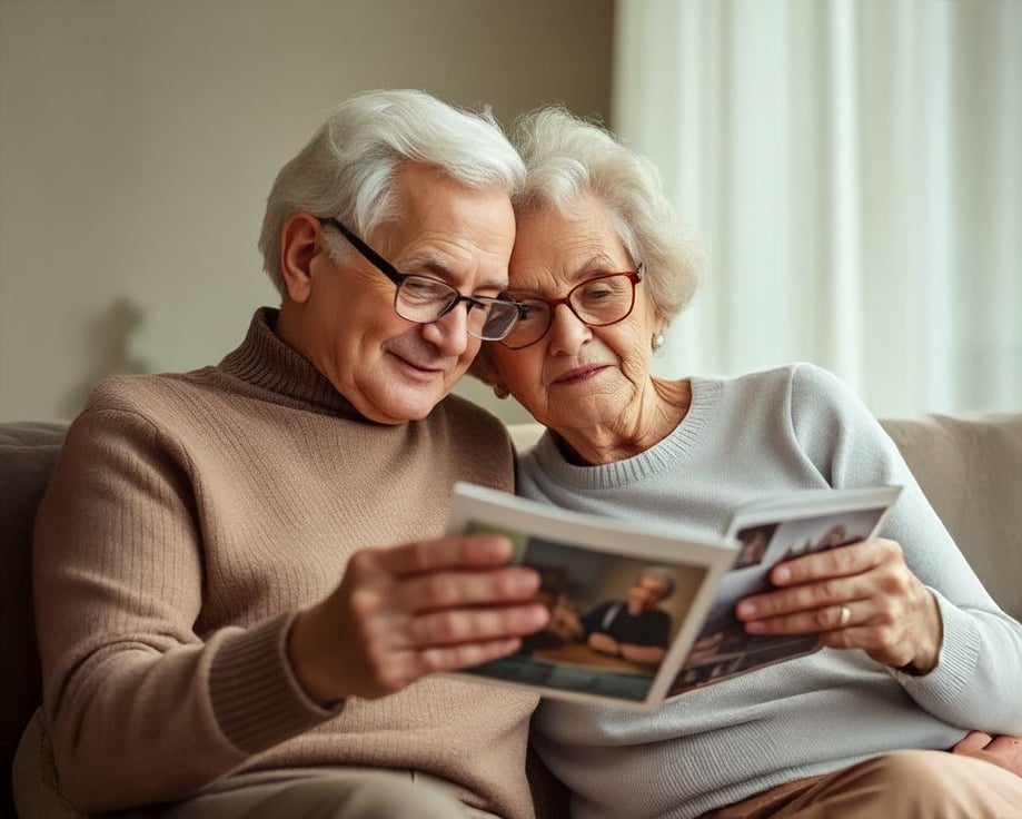 An elderly couple with gray hair and glasses sits closely together on a couch, smiling as they look at a photo album, enjoying memories in a cozy, sunlit living room.