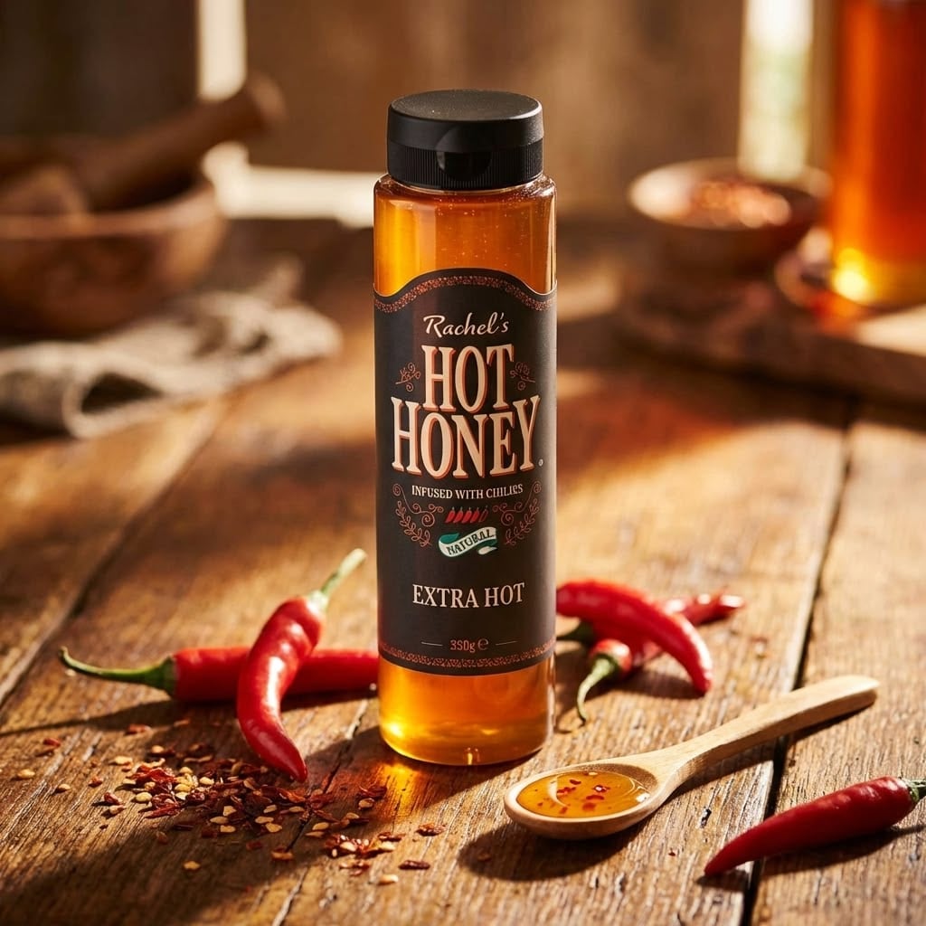 A bottle of Rachel's Extra Hot Honey sits on a rustic wooden table, surrounded by fresh red chili peppers, chili flakes, and a wooden spoon with honey and chili pieces. Warm sunlight shines in the background.