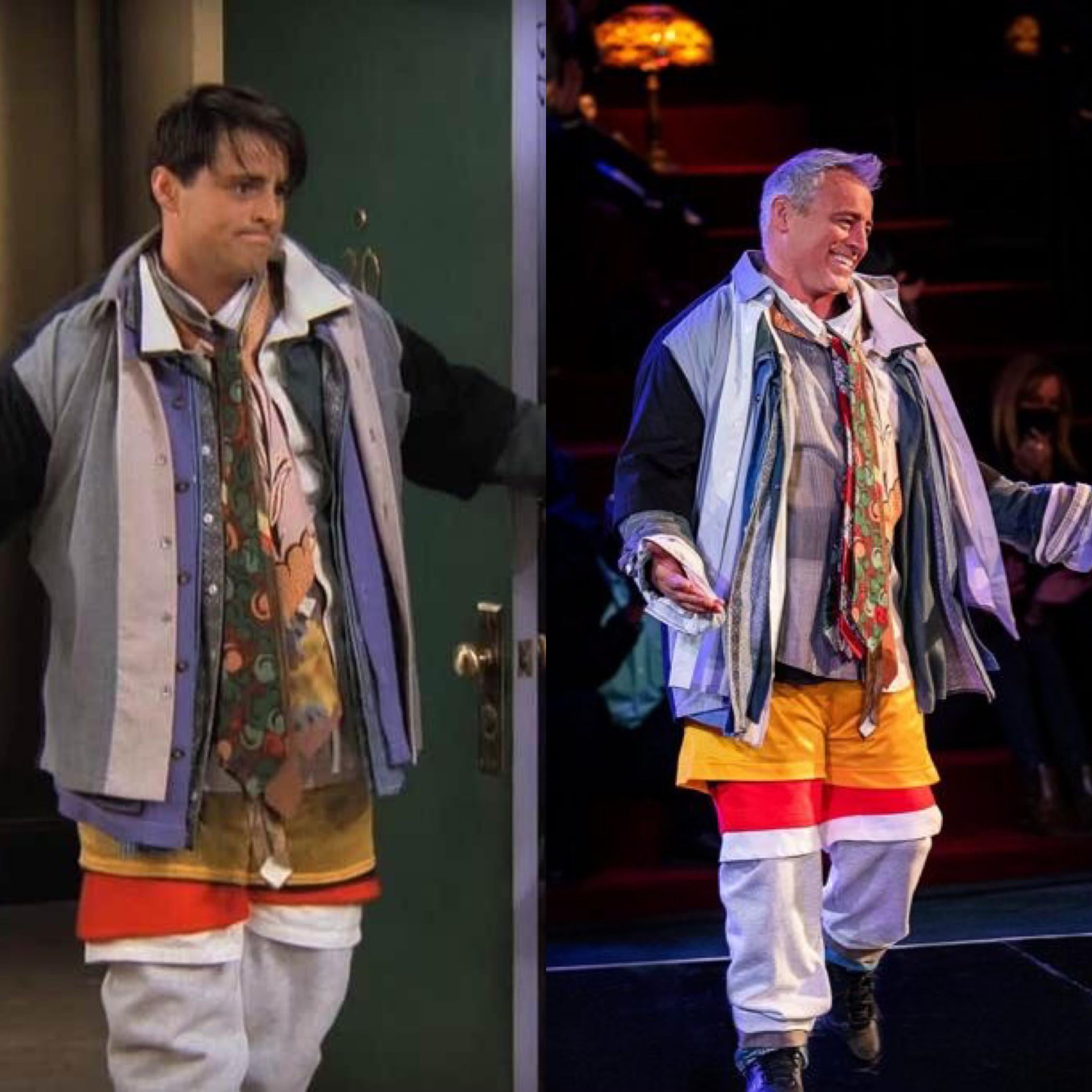Side-by-side images show a man wearing multiple layers of clothing, including jackets, shirts, and shorts over pants. The left image is from a TV show, and the right image shows a similar outfit onstage.