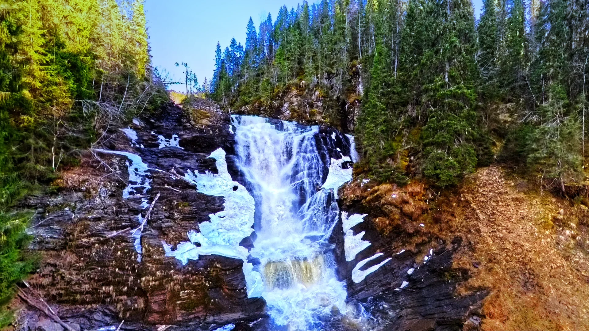 A waterfall cascades down dark rocks surrounded by dense evergreen trees. Patches of snow cling to the rocks, and the sky above is clear blue. The scene is natural and serene.