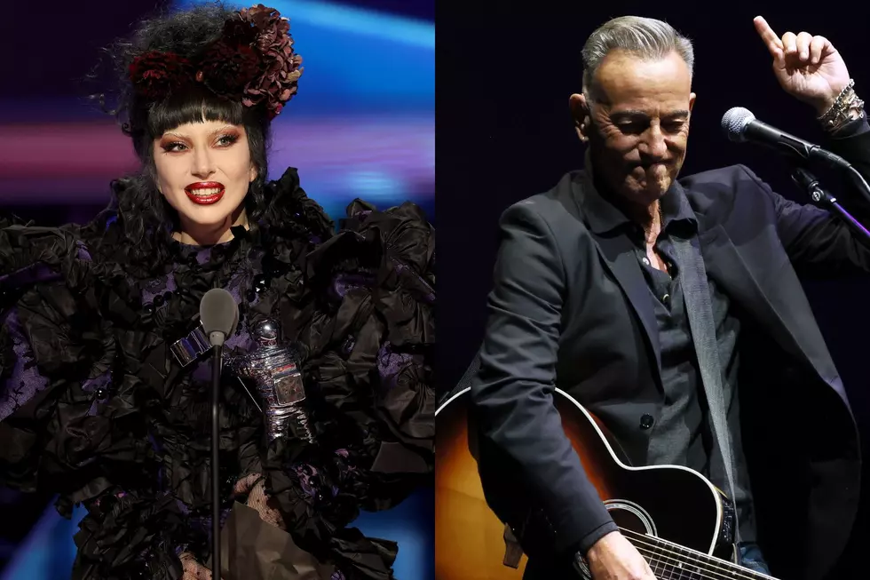A split image shows a woman in an elaborate black ruffled dress and floral headpiece speaking at a microphone, and a man in a black suit playing guitar, raising his hand while on stage.