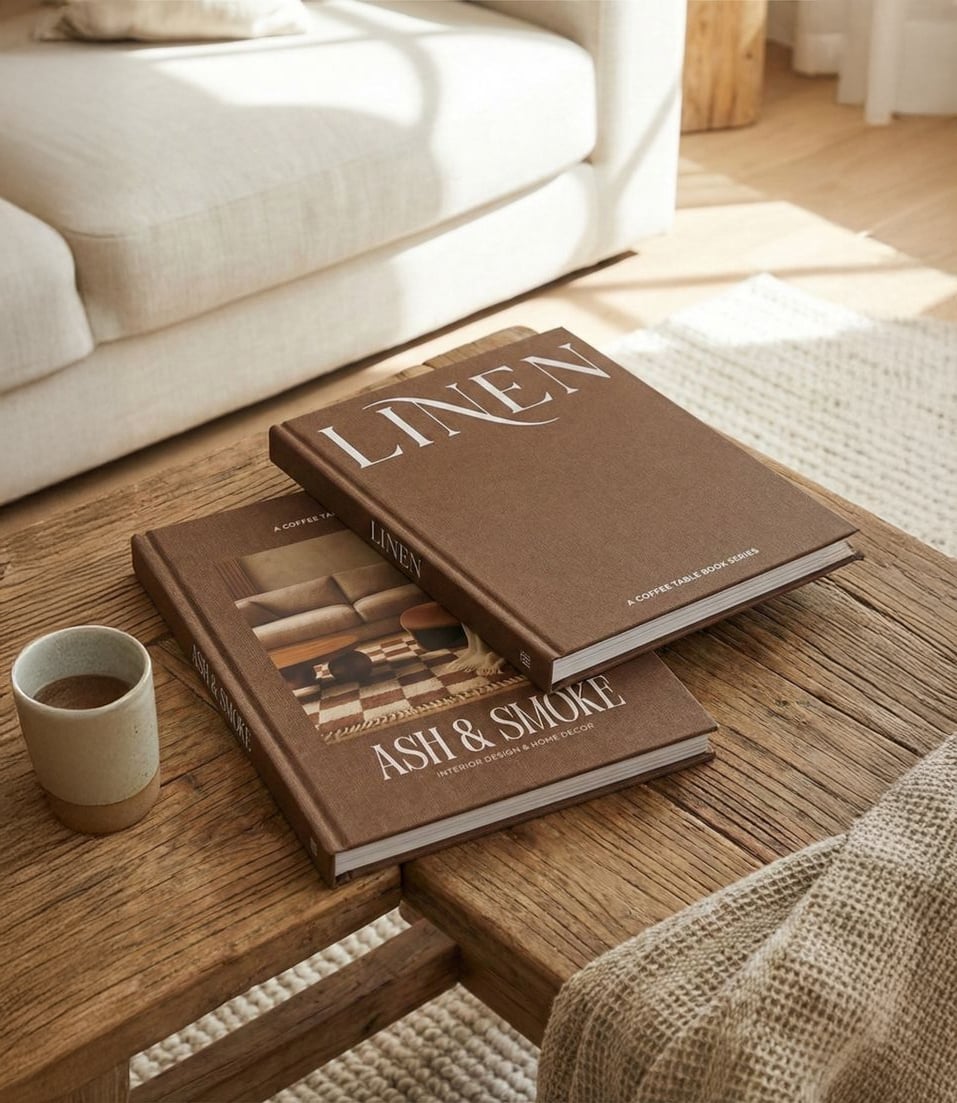Two brown hardcover books, titled "LINEN" and "ASH & SMOKE," rest on a rustic wooden coffee table beside a ceramic cup in a cozy, sunlit living room with a beige sofa and textured rug.