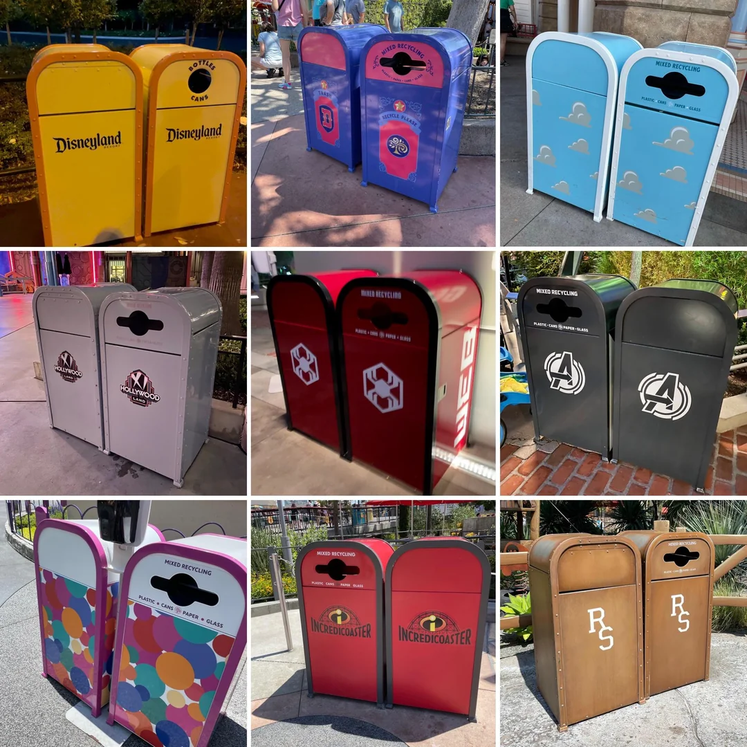 A grid of nine photos shows themed trash and recycling bins at Disneyland, each decorated to match attractions or lands, including Avengers, Incredicoaster, Toy Story, and different Disneyland park designs.