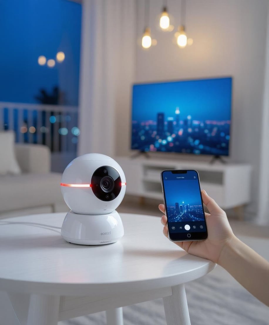 A person holds a smartphone displaying a camera feed from a white security camera on a table in a modern, softly lit living room with a TV and hanging lights in the background.