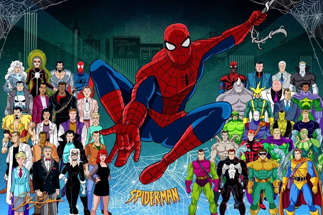 Spider-Man crouches in the center, surrounded by many characters from the animated Spider-Man TV series, including superheroes, villains, and allies, all set against a web-themed, cityscape background.