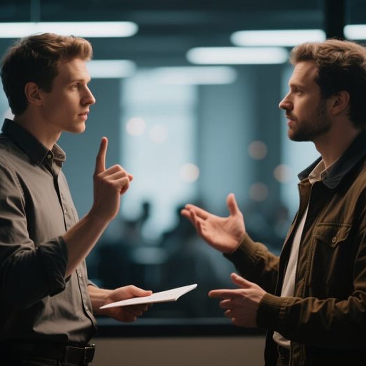 Two men stand indoors having a serious conversation. One holds a notebook and raises his finger, while the other gestures with his hands. Office lights and blurred people are visible in the background.