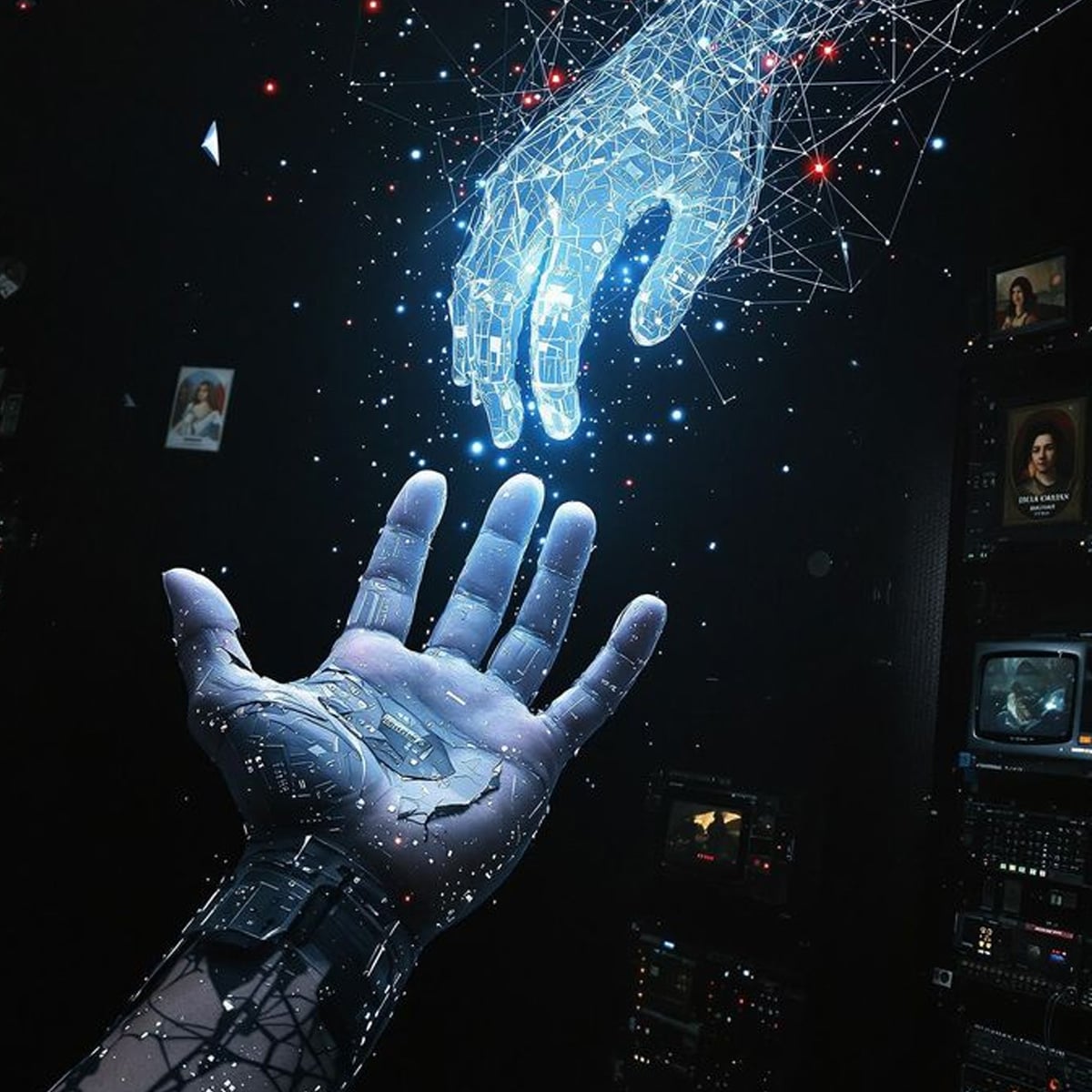 A digital human hand reaches upward toward a glowing, network-like virtual hand descending from above, set against a dark background with illuminated screens and floating data points.