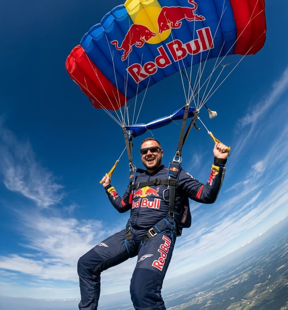 A man in a Red Bull jumpsuit skydives under a large Red Bull branded parachute against a bright blue sky.