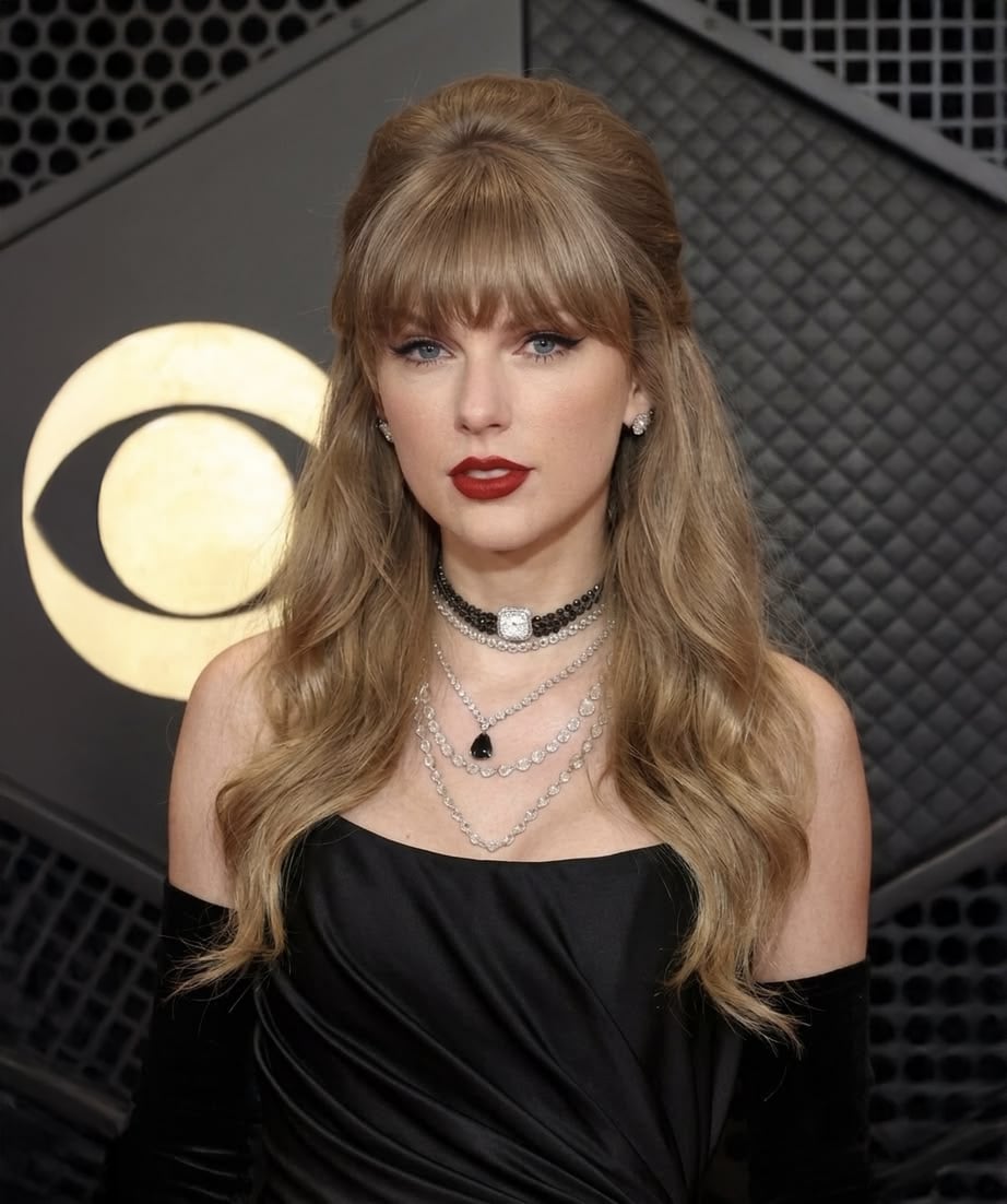 A woman with long wavy blonde hair and bangs wears a black off-shoulder dress, layered silver necklaces, and red lipstick, standing in front of a black geometric background with a gold CBS logo.