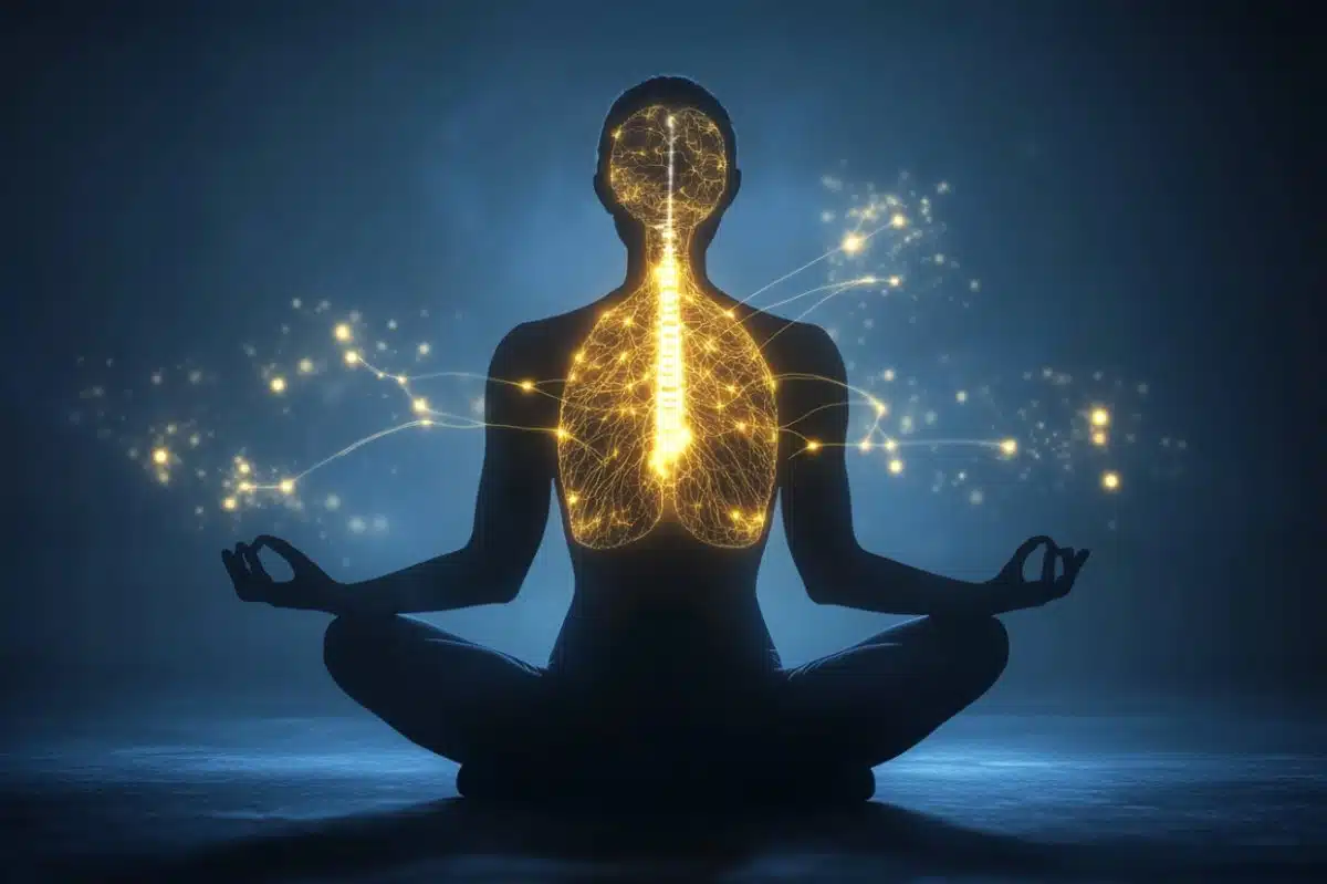 A person sits cross-legged in a meditative pose with glowing lines and lights highlighting their lungs and nervous system, symbolizing breath and energy flow in a calm, dark environment.