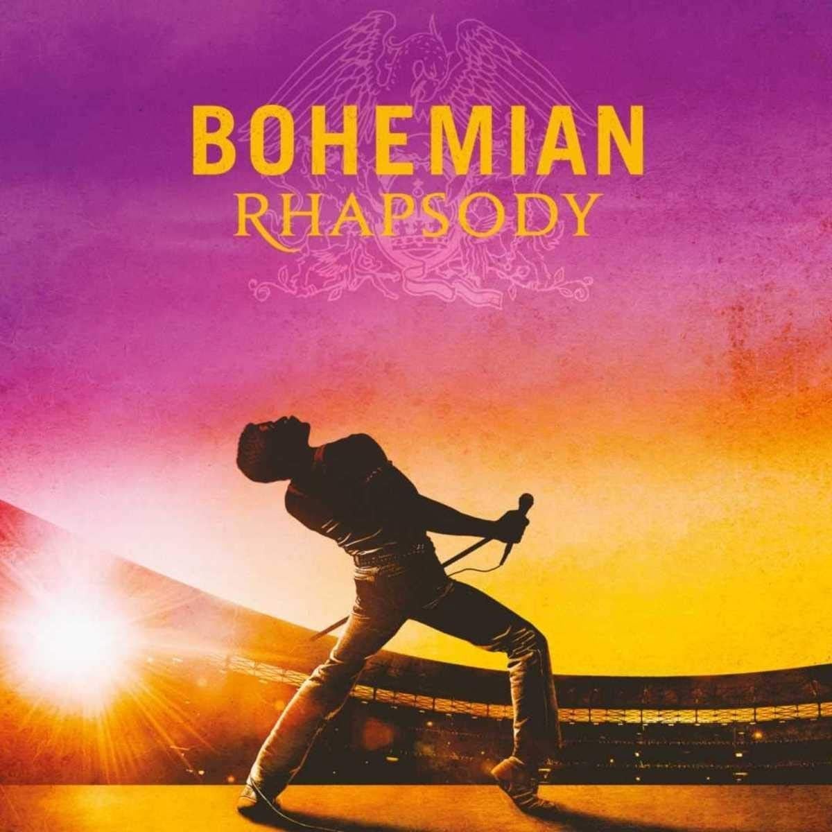Silhouette of a performer holding a microphone, leaning backward on a stadium stage at sunset, with "BOHEMIAN RHAPSODY" in bold yellow text above. The background features purple and orange gradient colors.