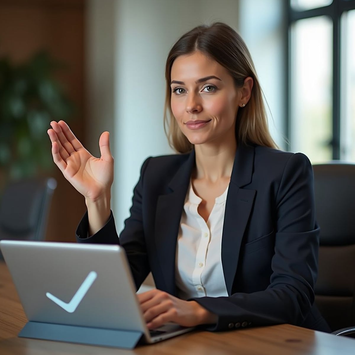 A woman in a business suit sits at a desk with a laptop, raising her hand in a greeting gesture. The laptop screen displays a large check mark. The background features a modern office setting.