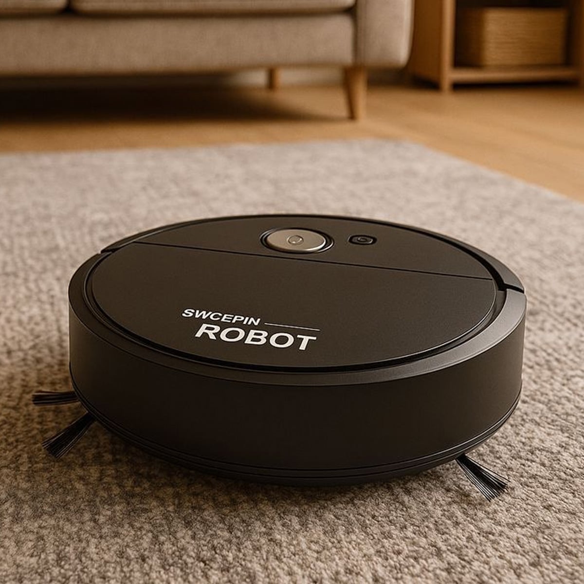 A black robotic vacuum labeled "SWCEPIN ROBOT" is cleaning a beige carpet in a cozy living room with a sofa and wooden cabinet in the background.