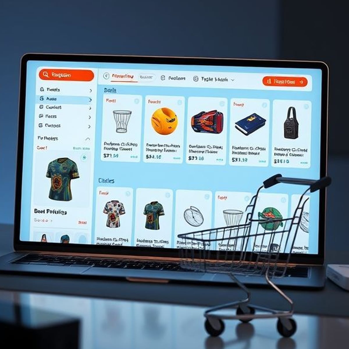 A laptop screen displays an online shopping website with various products for sale. In front of the laptop, there is a small shopping cart model placed on the desk.