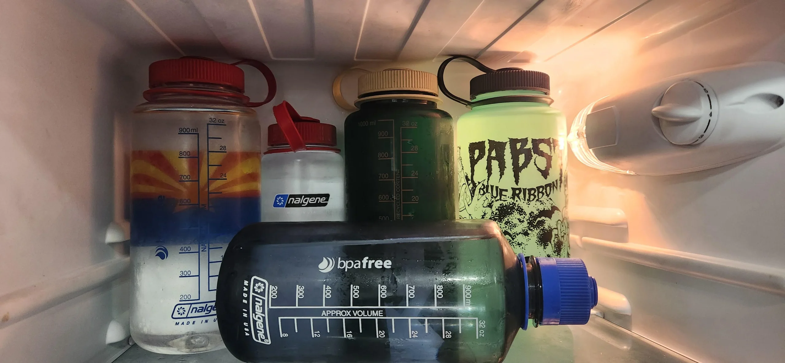 Six reusable water bottles, mostly Nalgene brand, are stored inside a refrigerator. The bottles vary in color and size, with most having measurement markings and screw-on lids in different colors. Light shines from the fridge interior.