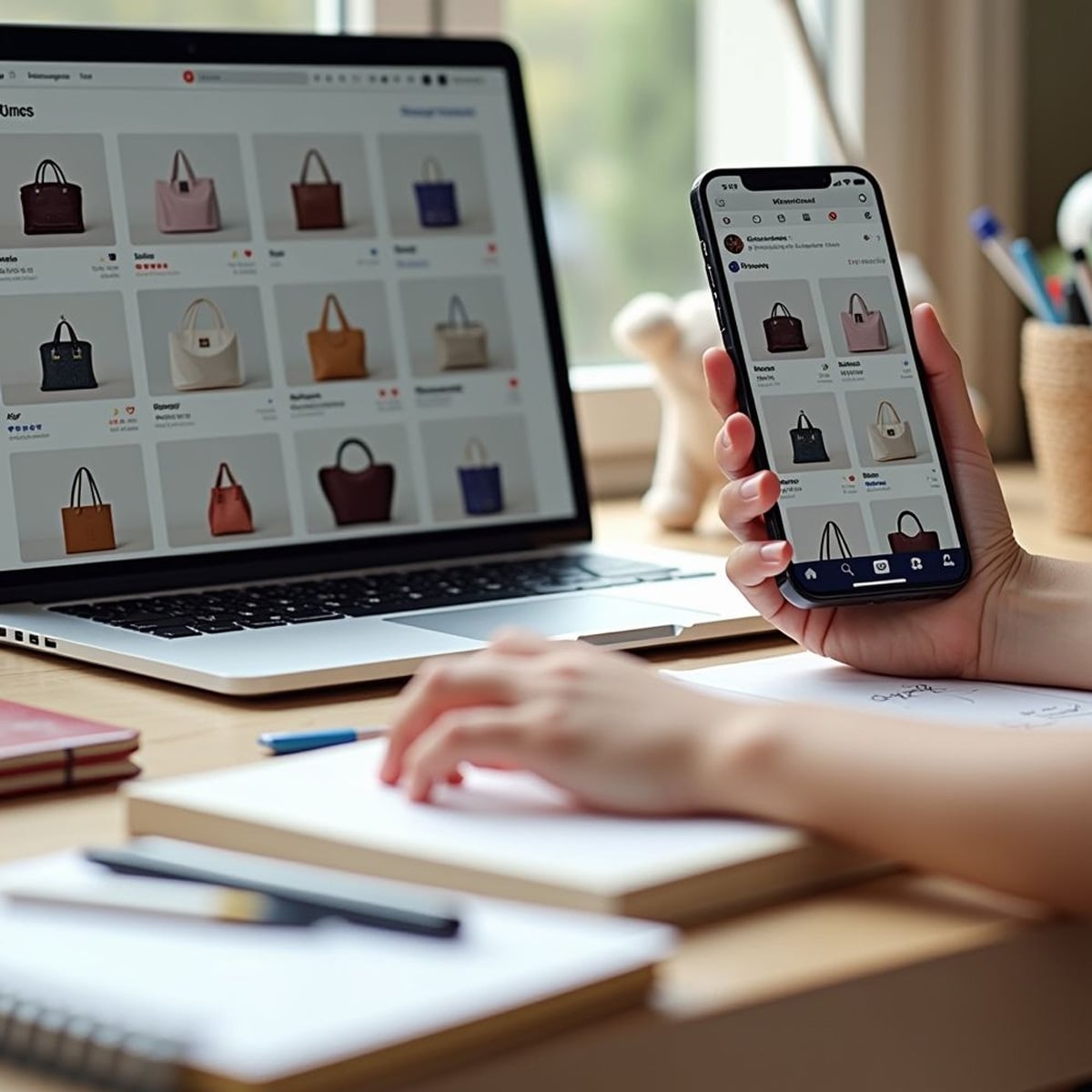 A person shops for handbags online, viewing a website with bag listings on both a laptop and a smartphone at a desk with notebooks, a pen, and a window in the background.