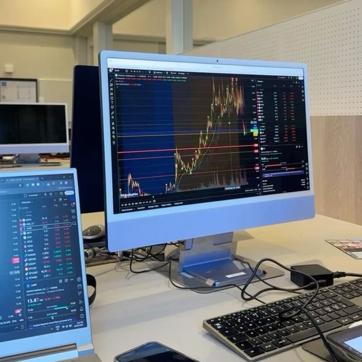 A desktop computer displays a colorful stock trading chart with rising trends. In the foreground, a laptop shows another trading platform. Keyboards, a mouse, and a smartphone are visible on the desk in an office setting.