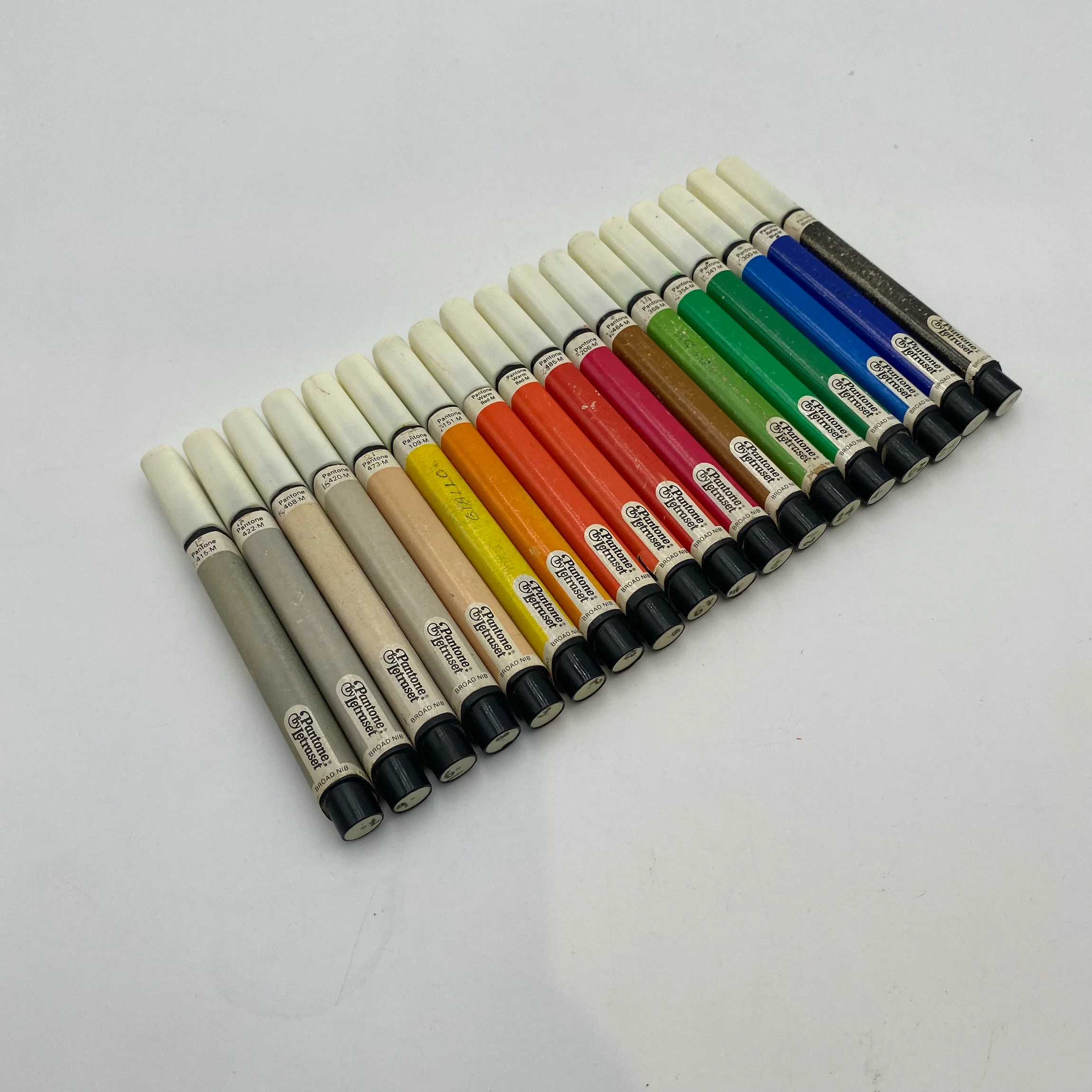 A row of eighteen colored markers arranged diagonally on a white surface. The markers display a gradient of colors from black, brown, green, and blue to orange, red, yellow, and various shades of gray and beige.