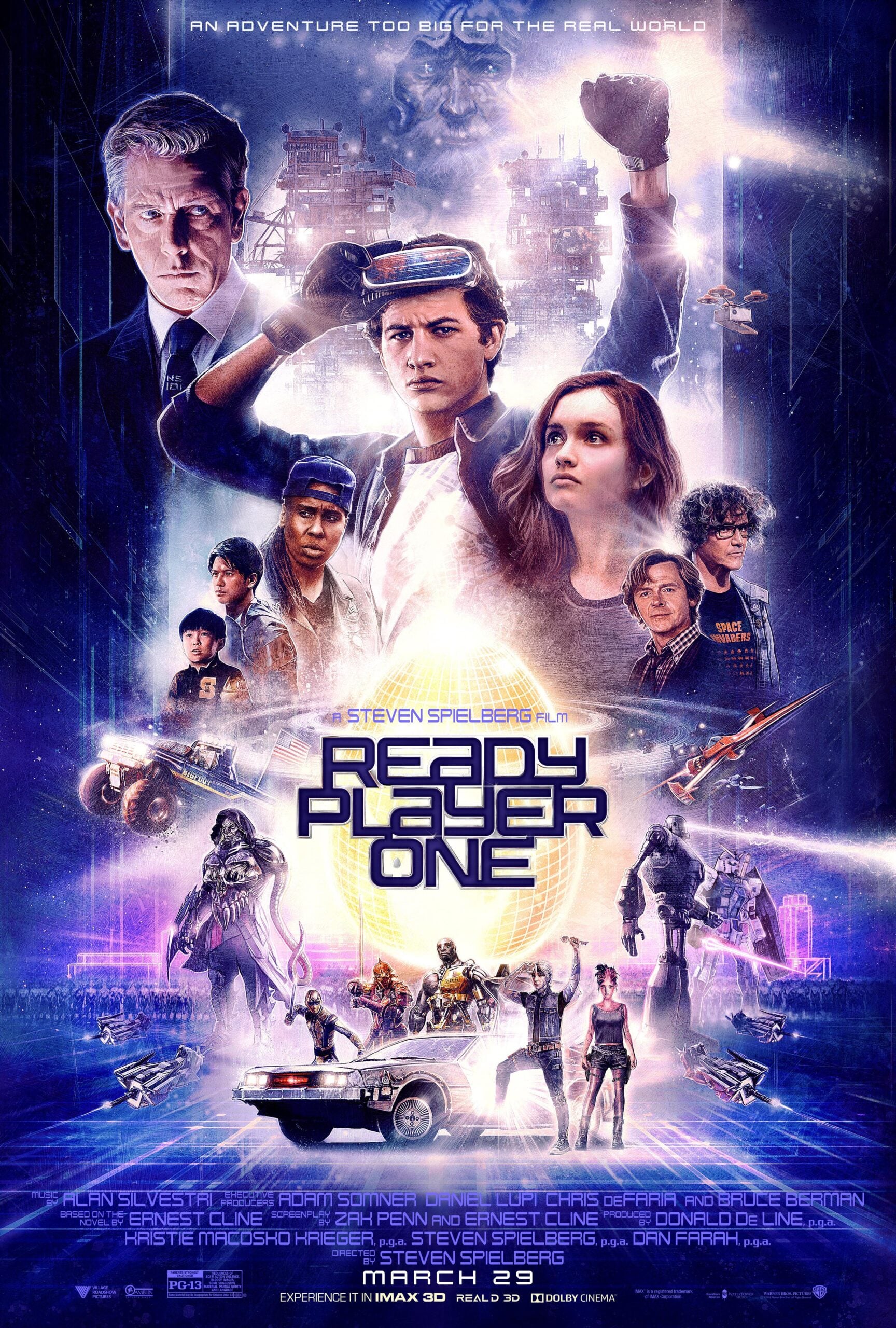 Movie poster for "Ready Player One" featuring characters in both real-world and virtual settings, with neon lights, futuristic vehicles, and the tagline "An adventure too big for the real world." Directed by Steven Spielberg.