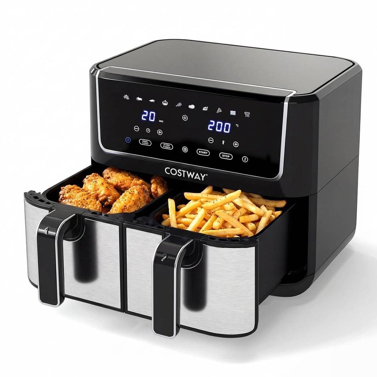 A black and silver dual-basket air fryer with digital controls displays 200°C and 20 minutes. One basket contains fried chicken wings, and the other holds French fries. The brand name "COSTWAY" is visible on the front.