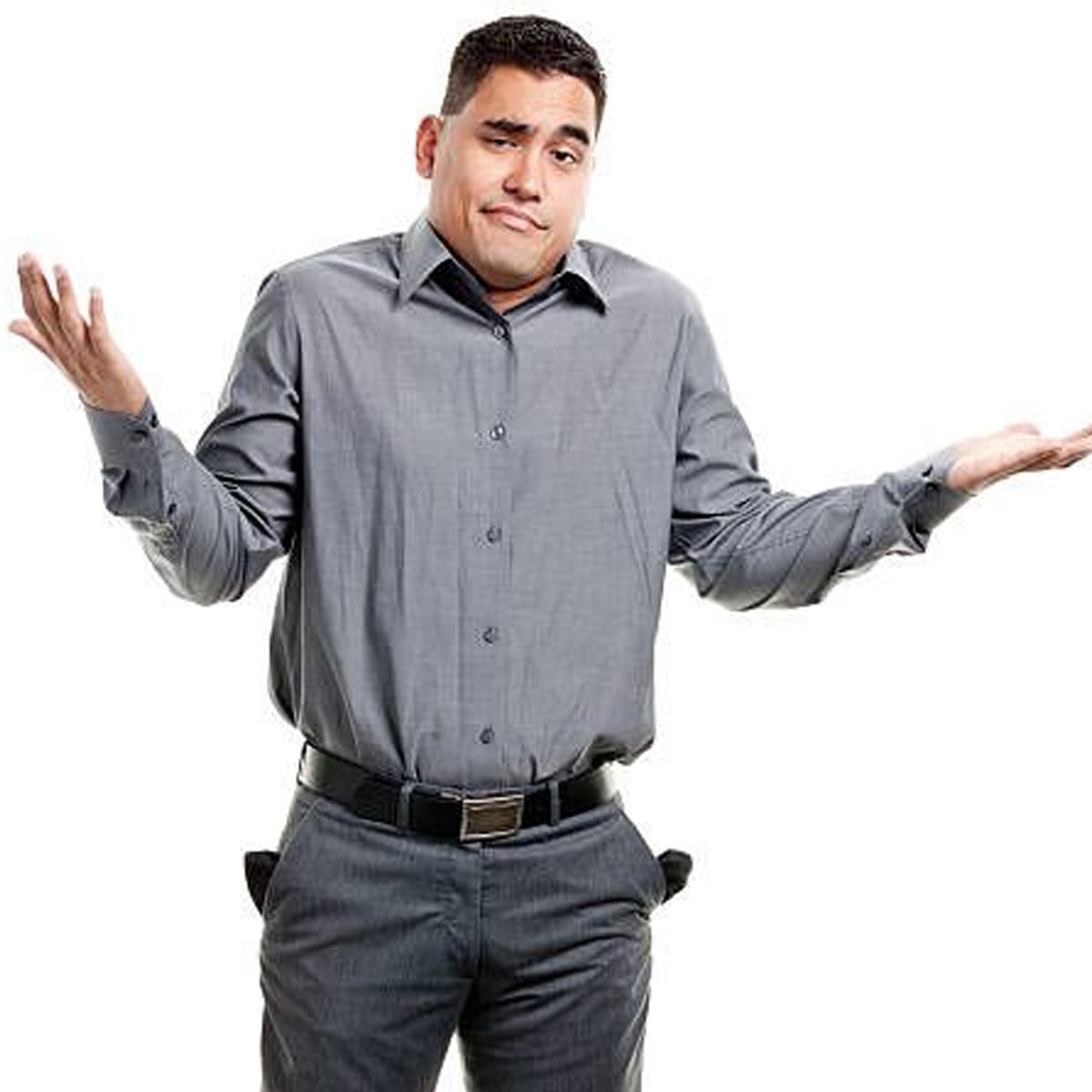 A man in a gray shirt and pants shrugs with his palms up and pockets turned inside out, suggesting confusion or that he has no money. The background is plain white.