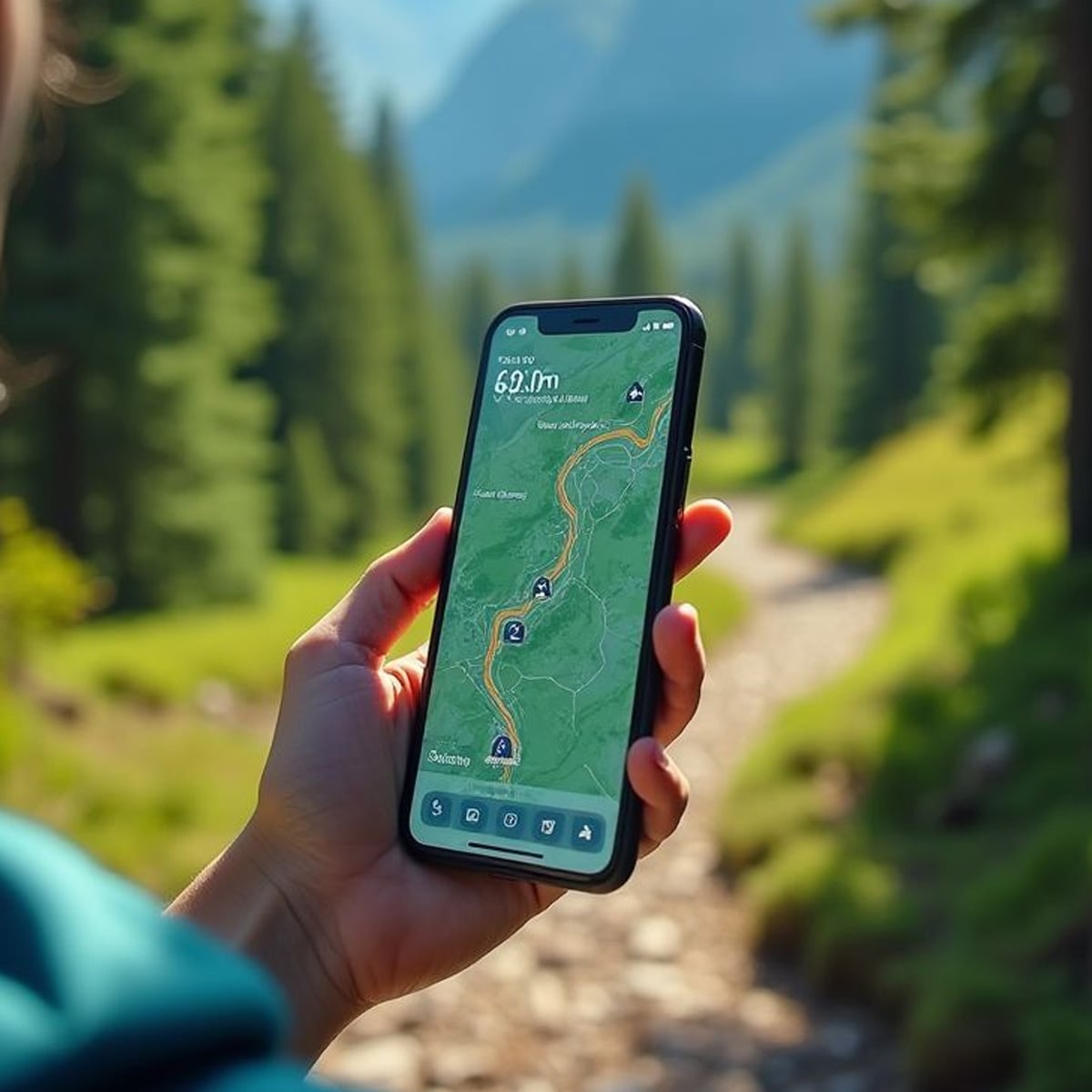 A person holds a smartphone displaying a hiking trail map app, with a forested mountain path and tall trees visible in the background on a sunny day.