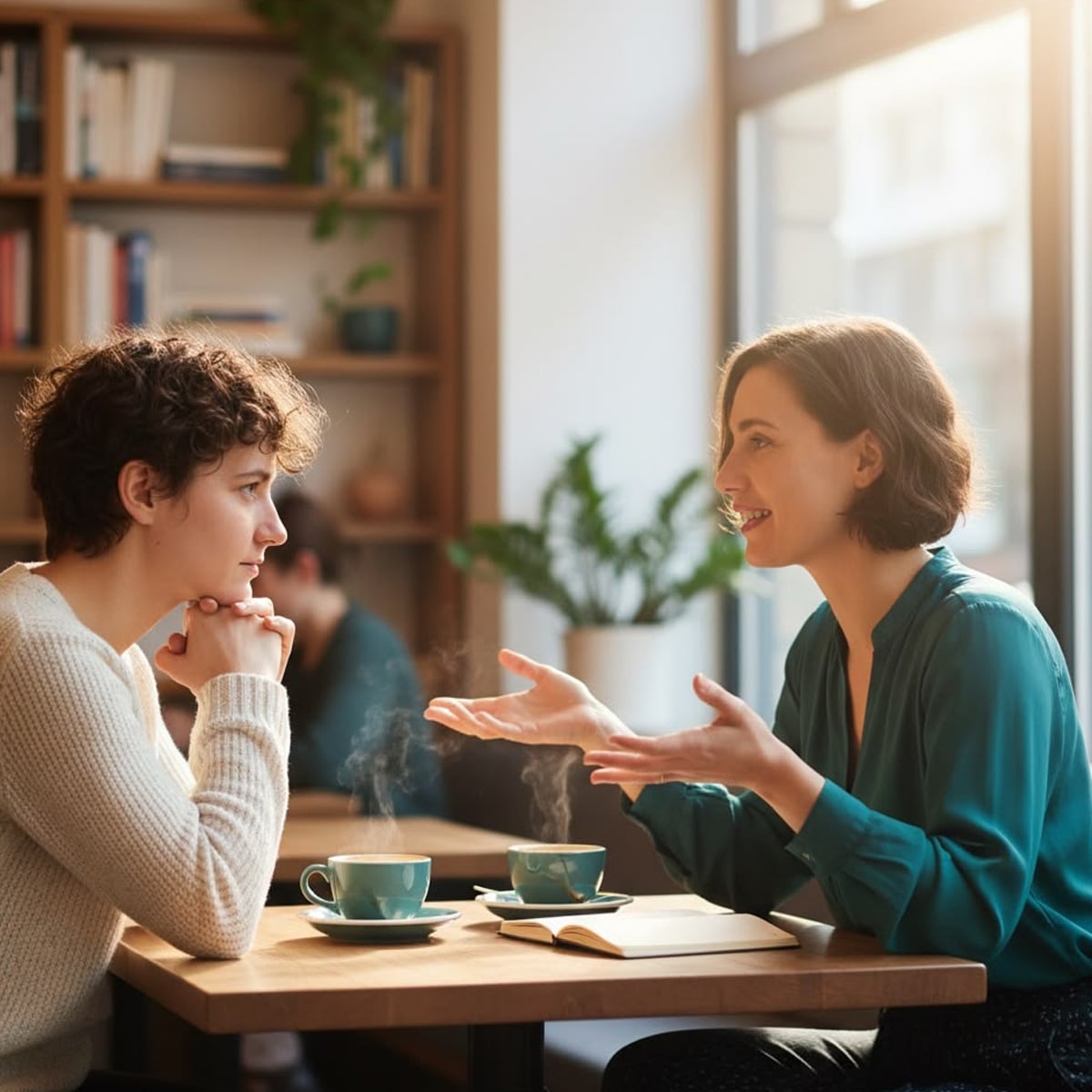 Two people sit at a café table with coffee cups, having a conversation. One listens intently with hands under their chin, while the other gestures expressively. Sunlight streams in through large windows in the background.