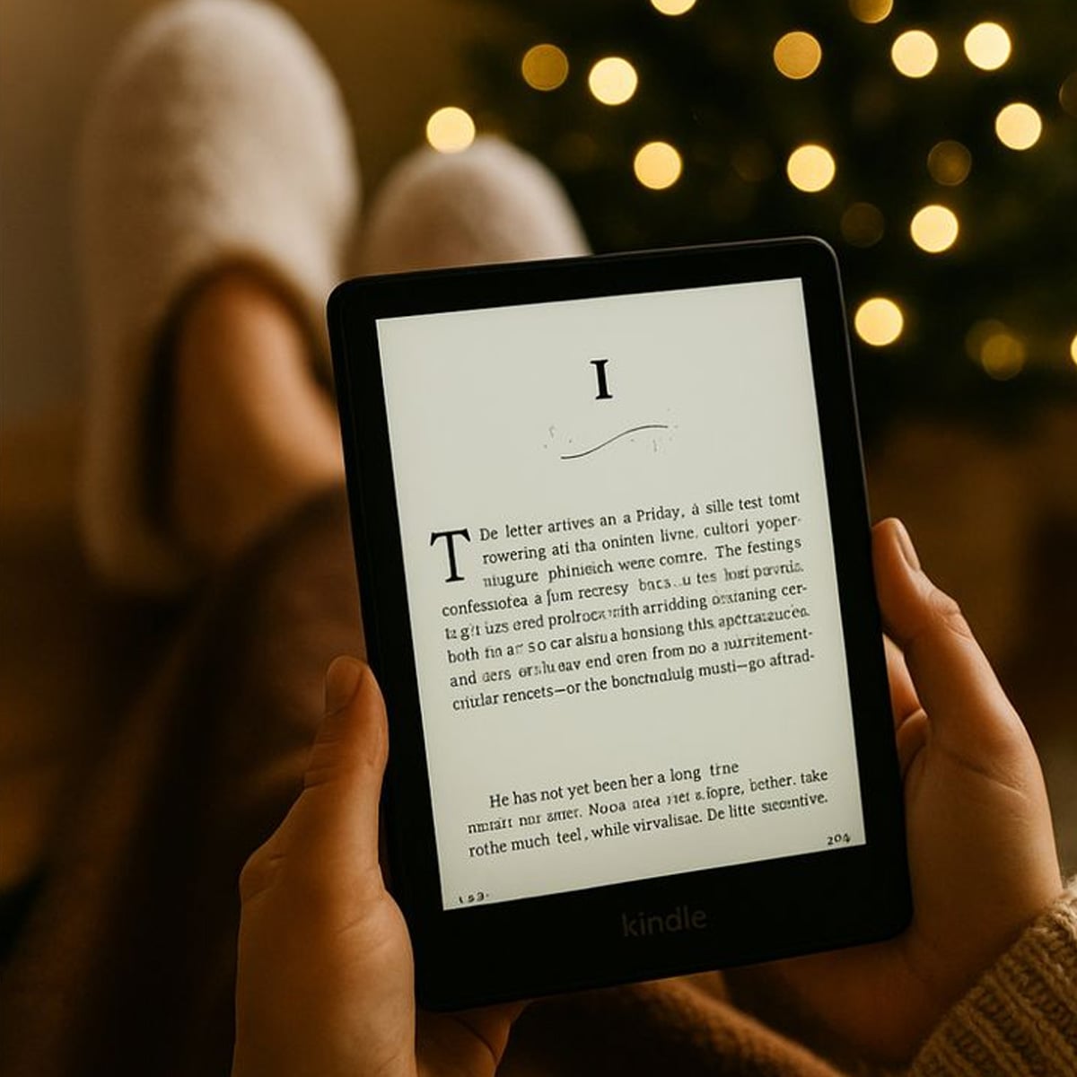 A person holding a Kindle e-reader with text displayed, relaxing with feet up near a softly lit Christmas tree, wearing cozy slippers.