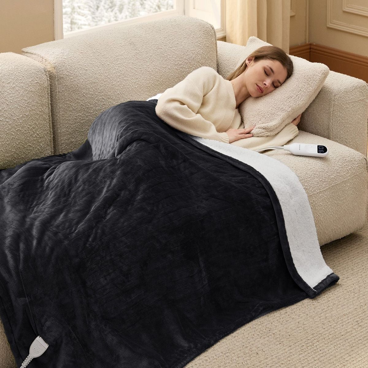 A woman lies on a cream-colored sofa, resting her head on a pillow and covered with a black and white heated blanket. She appears relaxed in a cozy room with light coming through the windows.