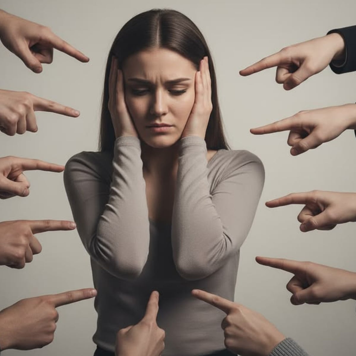 A woman covers her ears and looks distressed as multiple hands point fingers at her from all directions, suggesting she feels blamed or overwhelmed.