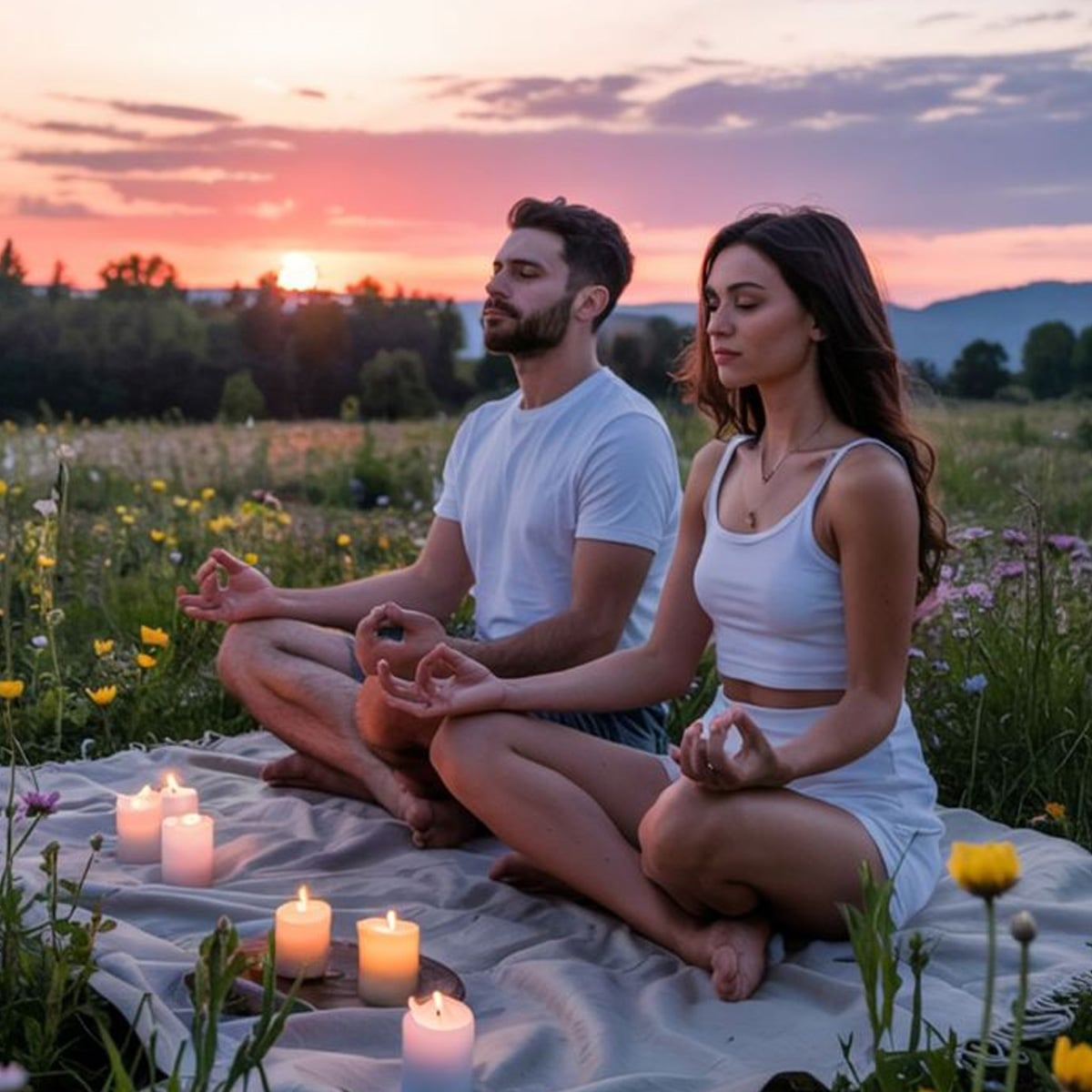 A man and woman sit cross-legged on a blanket in a meadow at sunset, meditating with eyes closed. Lit candles surround them, and wildflowers bloom in the grass. Both wear white clothing, creating a peaceful, serene scene.