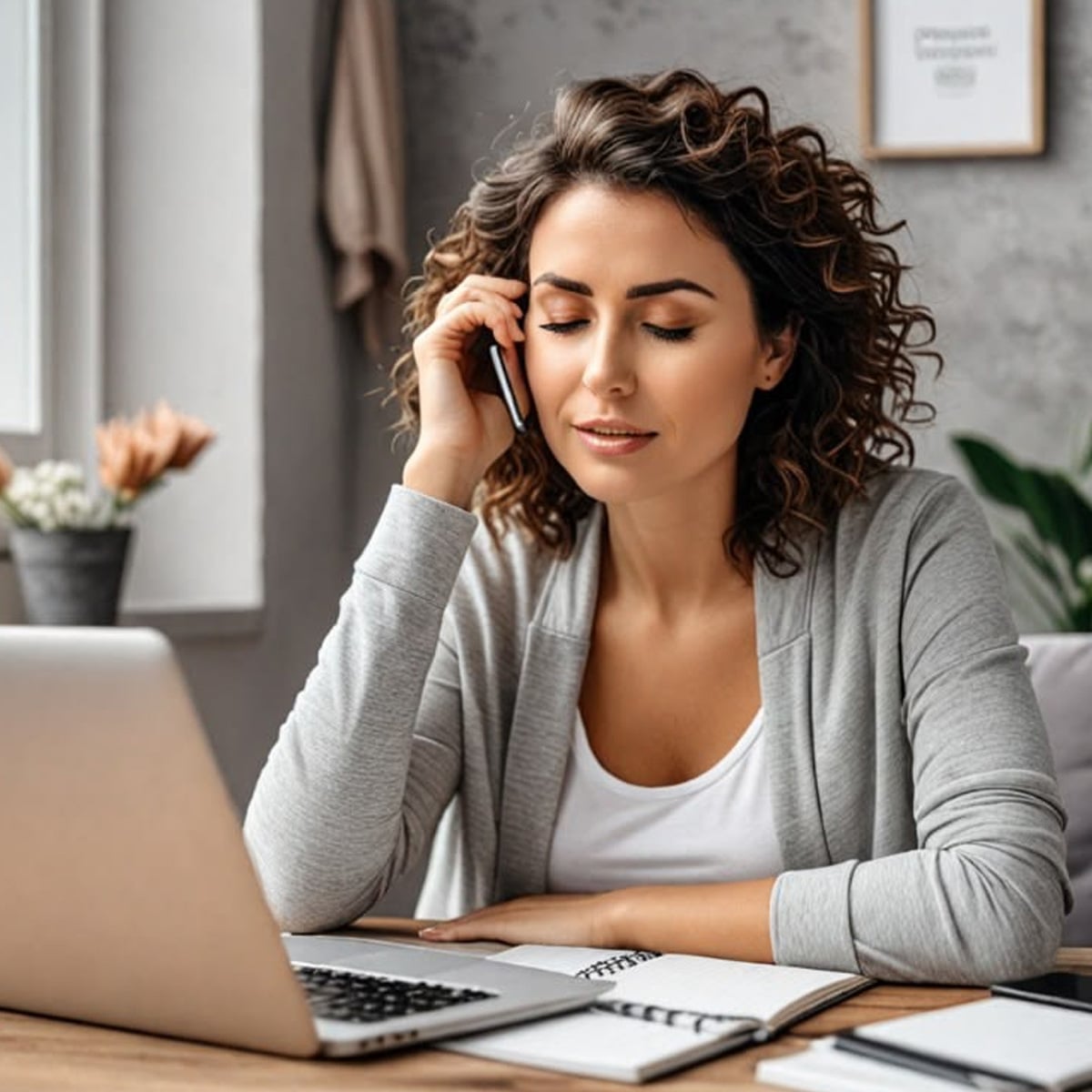 A woman with curly hair sits at a desk using a smartphone, eyes closed and smiling. She has a laptop, notebook, and pen in front of her. The workspace is bright and decorated with plants.