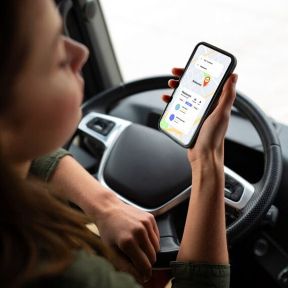 A person sitting in the driver&rsquo;s seat of a vehicle looks at a smartphone displaying a map and navigation app, with their hand resting on the steering wheel. The focus is on the phone&rsquo;s screen.