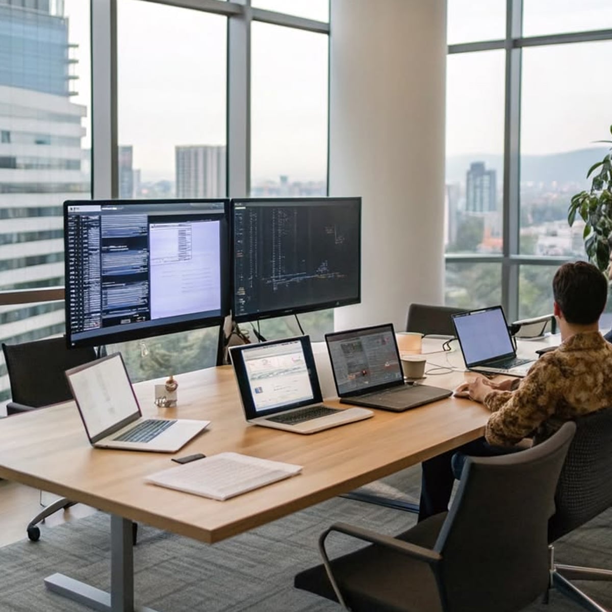 A person sits at a conference table with multiple laptops and large monitors displaying graphs and data in a modern office with large windows overlooking a cityscape.