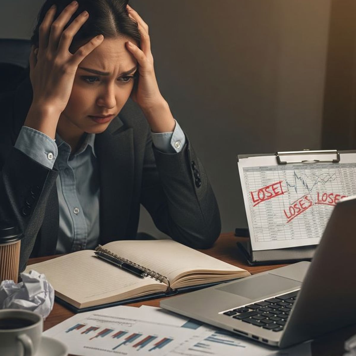 A worried woman in business attire sits at a desk with her hands on her head, surrounded by papers, a notebook, a laptop, and a clipboard displaying a chart repeatedly labeled "LOSE.