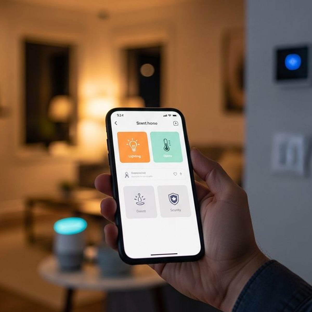 A person holds a smartphone displaying a smart home app with options for lighting, climate, energy, and security. The background shows a cozy, softly lit living room with smart devices visible.
