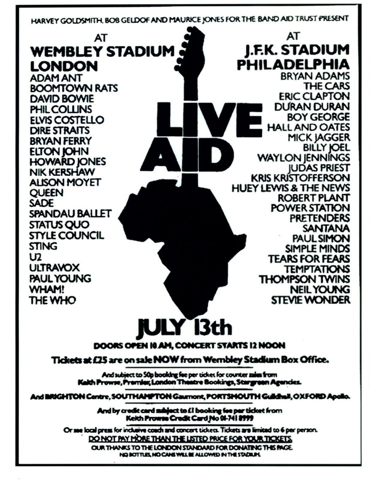 Black-and-white poster for Live Aid concerts at Wembley Stadium, London, and JFK Stadium, Philadelphia, on July 13th. Lists performing artists and features a guitar silhouette with a map of Africa at the base.