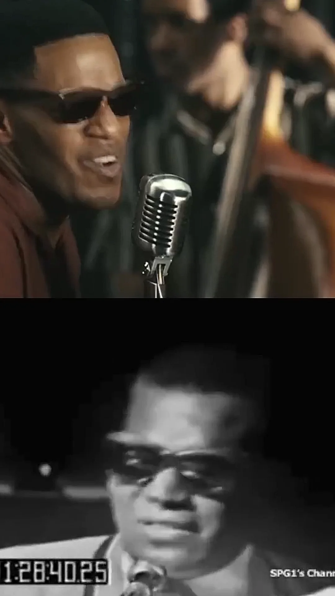 Split image: Top half shows a man wearing sunglasses singing into a vintage microphone; bottom half is a black-and-white image of a similar scene, also showing a man with sunglasses singing into a microphone.