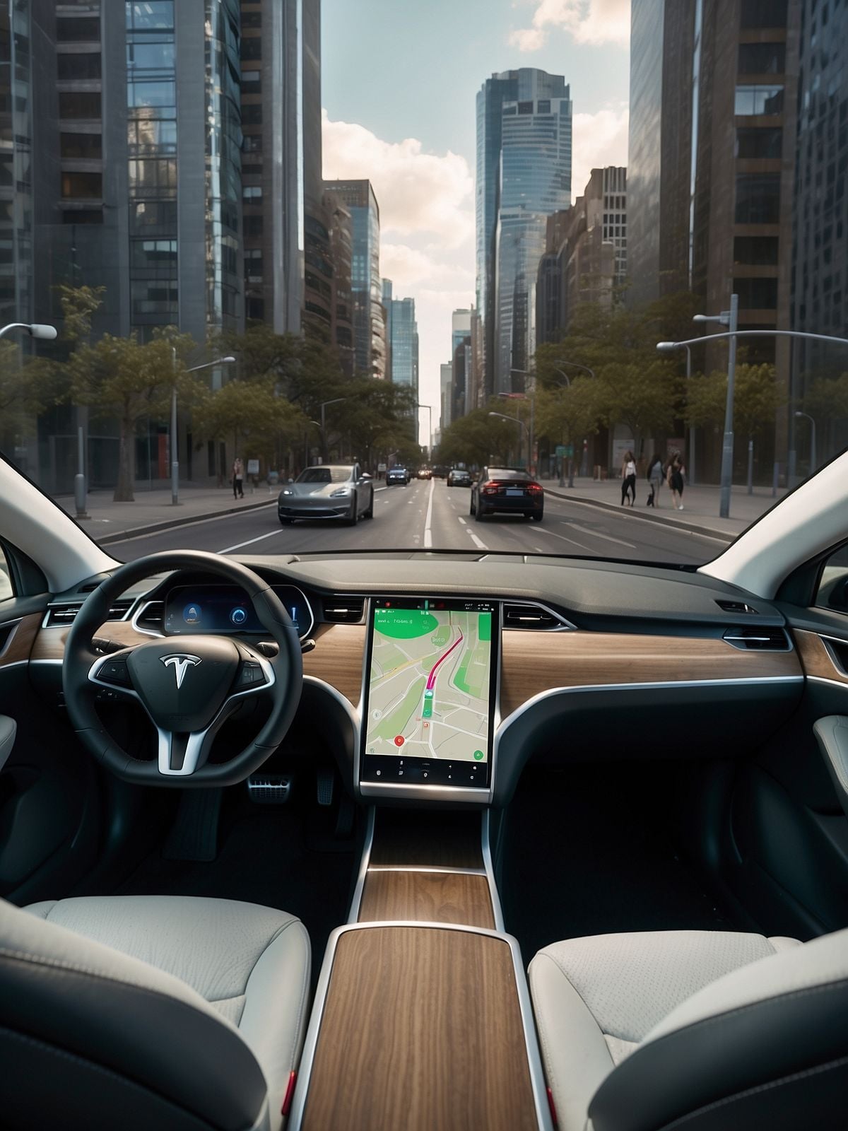 View from inside a Tesla car driving through a city street, showing the dashboard, steering wheel, and central touchscreen displaying a navigation map, with tall buildings and cars outside.