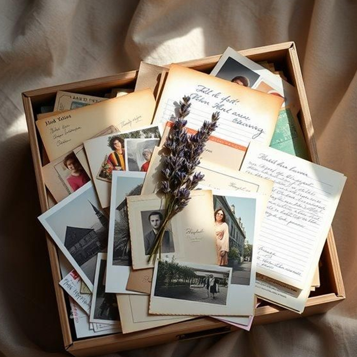 A wooden box filled with old photographs, handwritten letters, and postcards. A sprig of lavender rests on top of the papers, suggesting nostalgia and memories. The box sits on a beige fabric background.