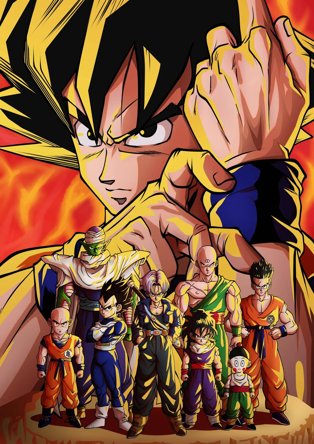 Seven anime characters in colorful outfits stand in front of a larger figure with spiky yellow hair and a serious expression, set against a fiery background. The scene is dynamic and intense.